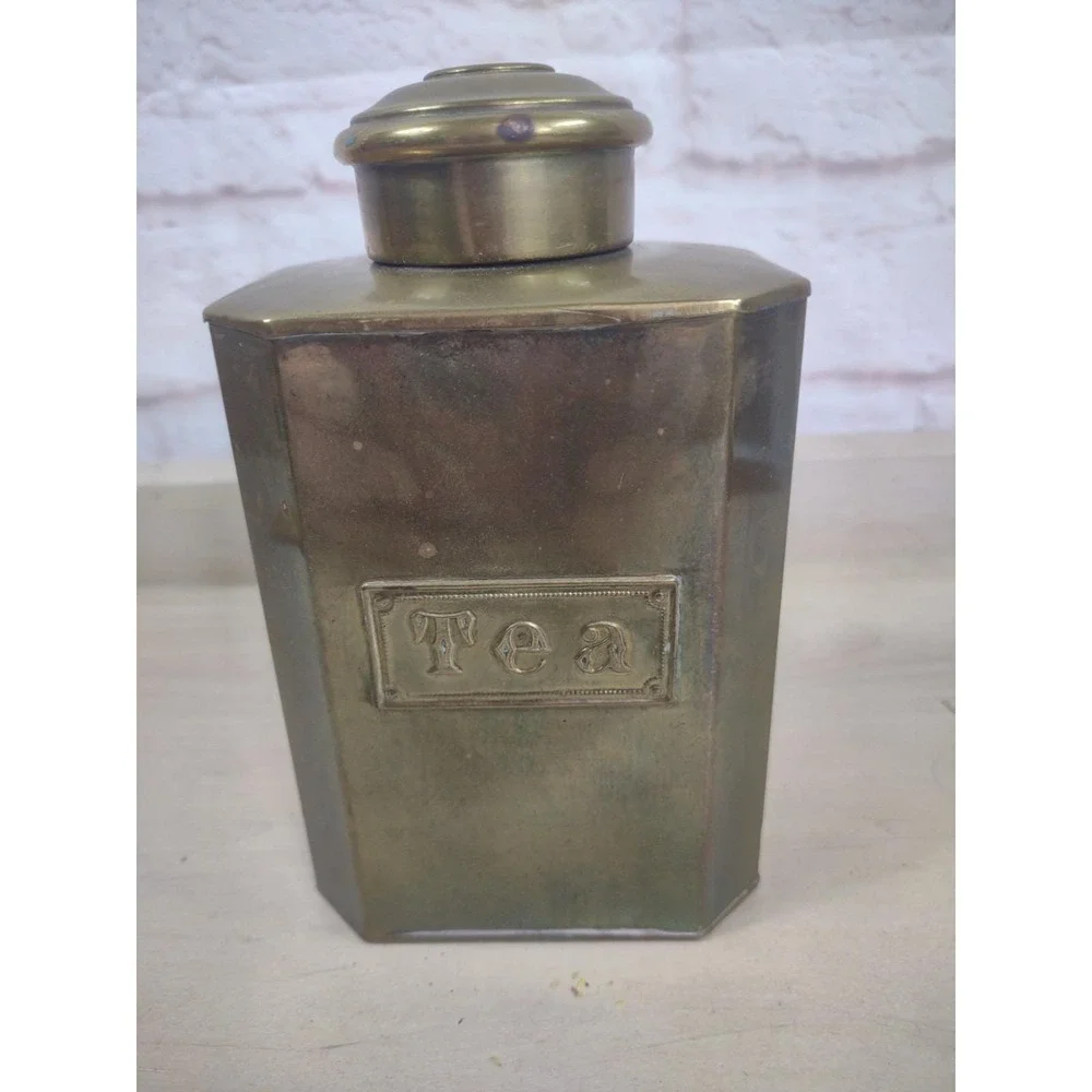 Vtg English Breakfast Tea Tin Brass Screw Top Container Canister TEA Spellout